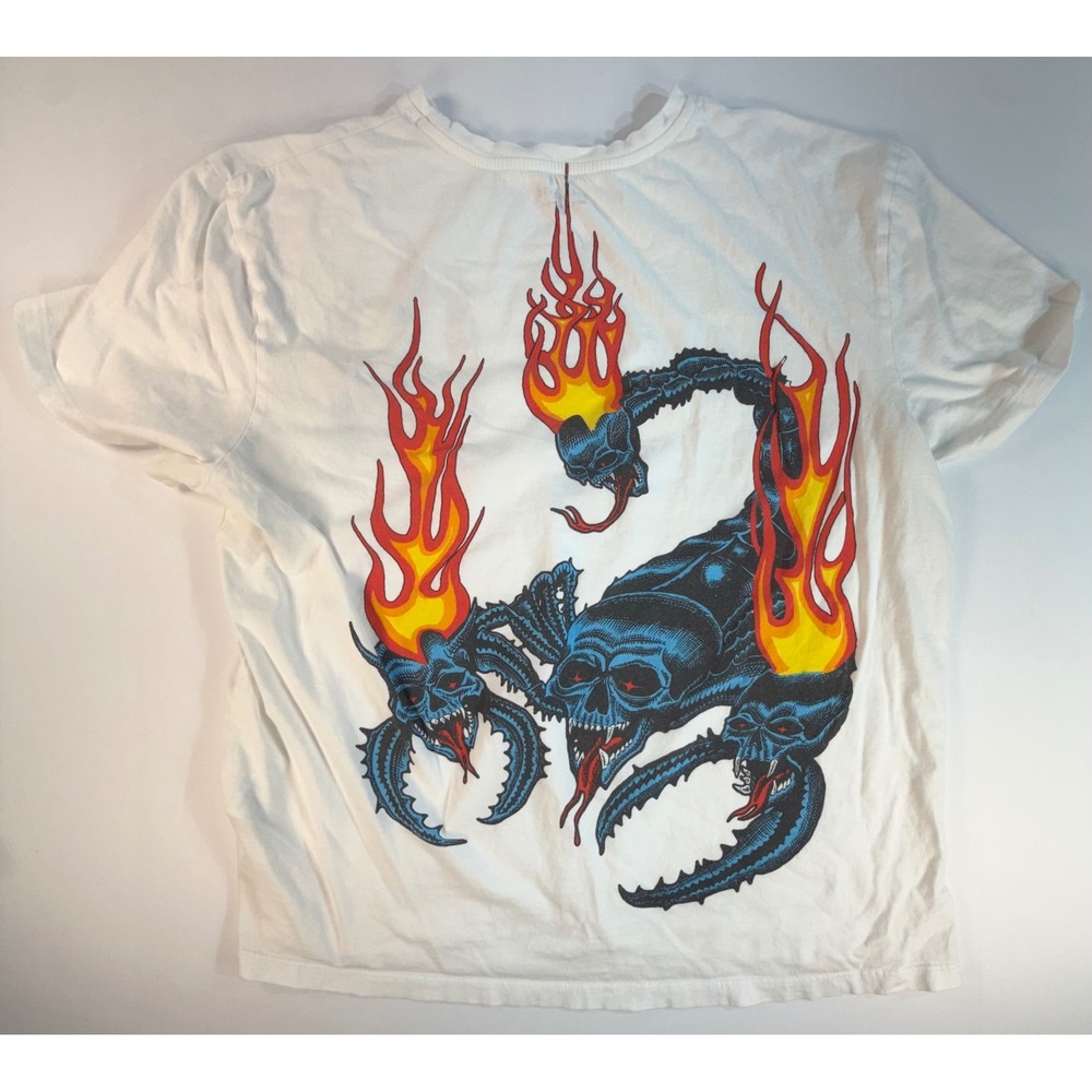 AllSaints Mens White Flaming Skull Scorpion Graphic T-Shirt Medium Distressed